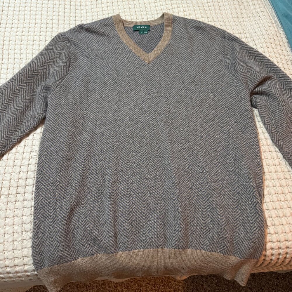 Orvis 100% Cashmere V-neck Herringbone Mens L Large *great condition*